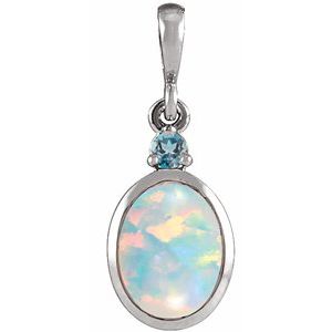 Sterling Silver 8x6 mm Lab-Grown White Opal & Natural London Blue Topaz Pendant