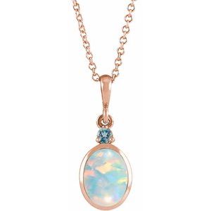 14K Rose 8x6 mm Lab-Grown White Opal & Natural London Blue Topaz 16-18" Necklace