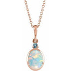 14K Rose 5x3 mm Lab-Grown White Opal & Natural London Blue Topaz 16-18" Necklace