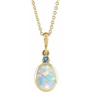 14K Yellow 6x4 mm Lab-Grown White Opal & Natural London Blue Topaz 16-18" Necklace