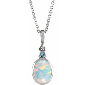 14K White 6x4 mm Lab-Grown White Opal & Natural London Blue Topaz 16-18" Necklace