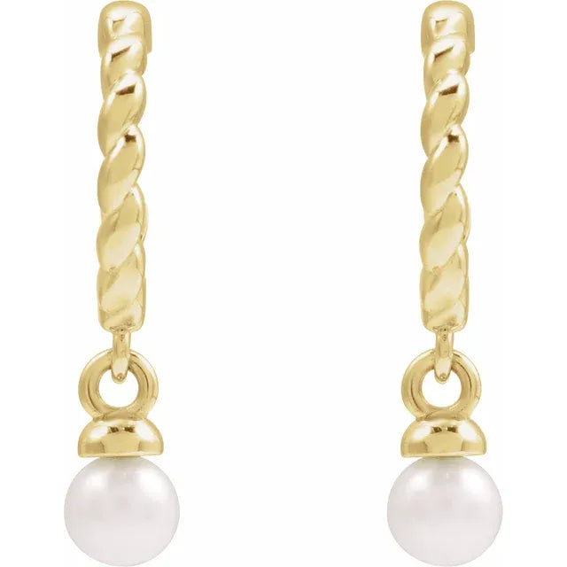 14K Yellow Cultured White Freshwater Pearl Rope Hoop Earrings
