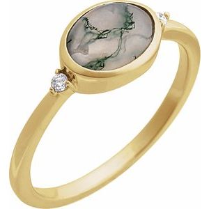 14K Yellow Natural Moss Agate & .03 CTW Natural Diamond Ring