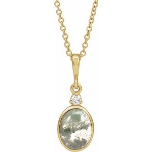 14K Yellow 8x6 mm Natural Moss Agate & .03 CTW Natural Diamond 16-18" Necklace