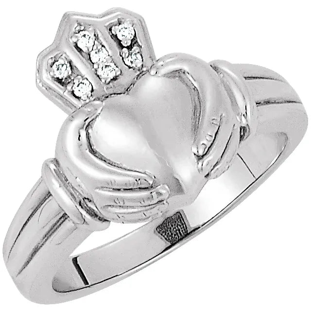 14K White .03 CTW Diamond Claddagh Ring