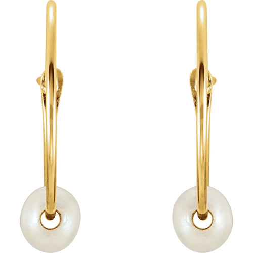 14K Yellow Cultured White Freshwater Pearl Youth Huggie Earrings