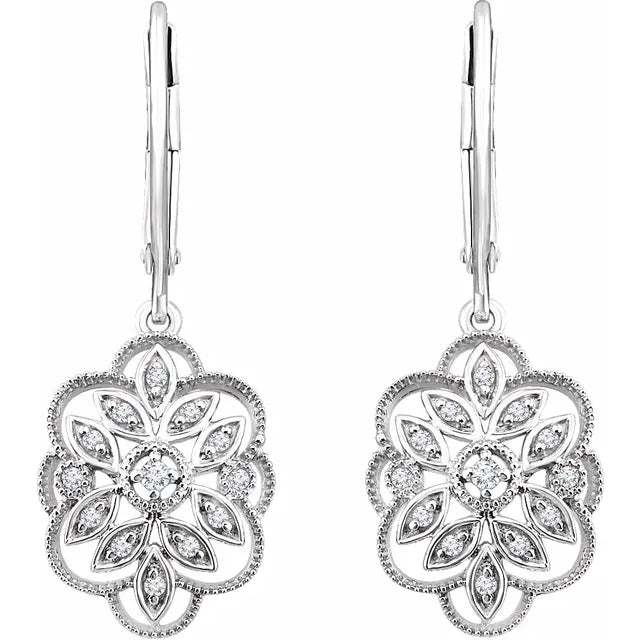 14K White 1/6 CTW Natural Diamond Granulated Filigree Earrings