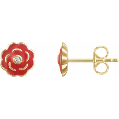 10K Yellow .01 CTW Natural Diamond Enamel Flower Earrings