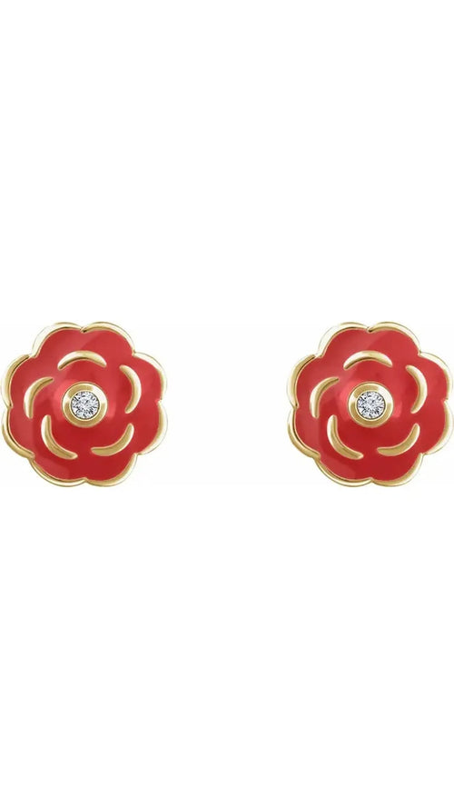 10K Yellow .01 CTW Natural Diamond Enamel Flower Earrings