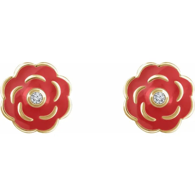10K Yellow .01 CTW Natural Diamond Enamel Flower Earrings