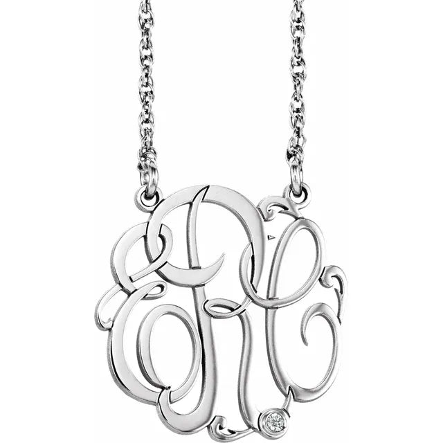 10K White Imitation Diamond 3 initials Script 20 mm Monogram 18" Necklace