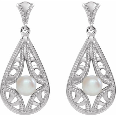 14K White Cultured White Freshwater Pearl Vintage-Inspired Earrings