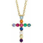 14K Yellow Natural Multi-Gemstone & .03 CT Natural Diamond Cross 16-18" Necklace