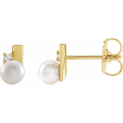 14K Yellow Cultured White Akoya Pearl & .03 CTW Natural Diamond Geometric Earrings