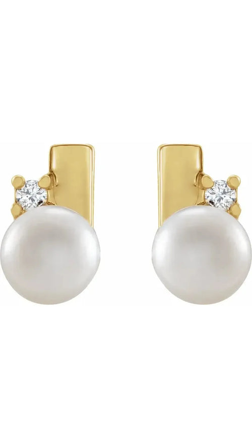 14K Yellow Cultured White Akoya Pearl & .03 CTW Natural Diamond Geometric Earrings