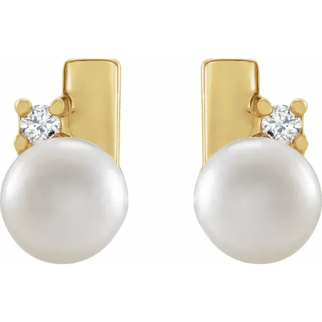 14K Yellow Cultured White Akoya Pearl & .03 CTW Natural Diamond Geometric Earrings
