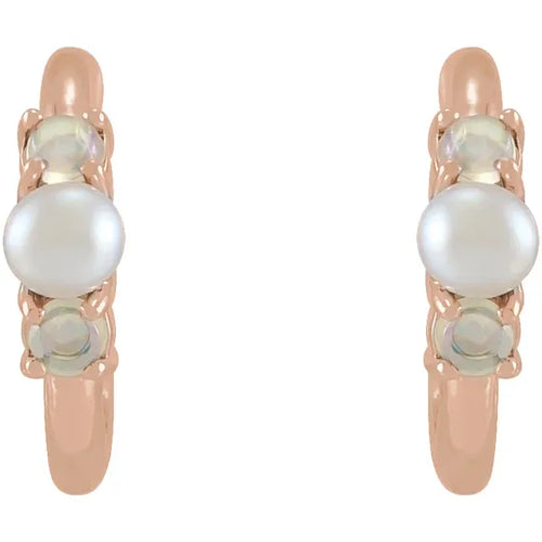14K Rose Cultured White Seed Pearl & Natural White Ethiopian Opal Huggie Earrings