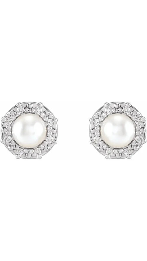 14K White Cultured White Akoya Pearl & .07 CTW Natural Diamond Halo-Style Earrings
