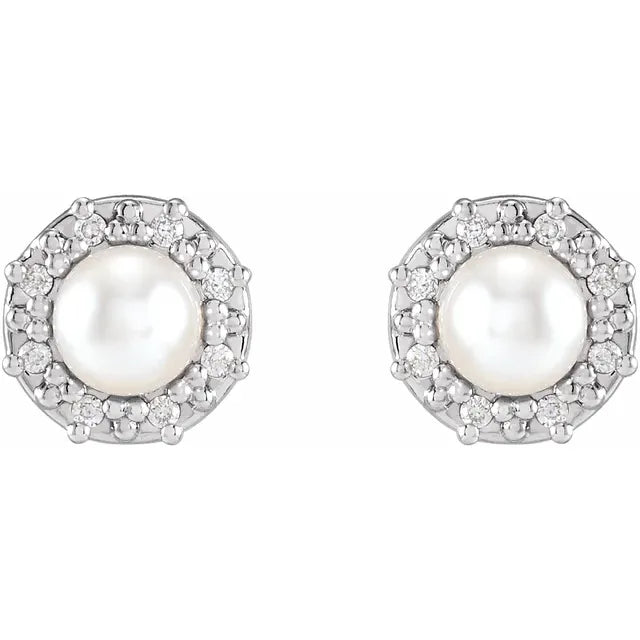 14K White Cultured White Akoya Pearl & .07 CTW Natural Diamond Halo-Style Earrings