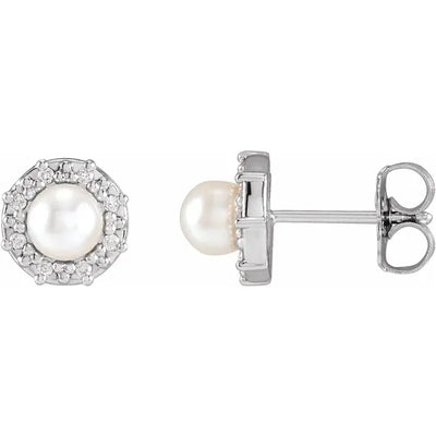 14K White Cultured White Akoya Pearl & .07 CTW Natural Diamond Halo-Style Earrings