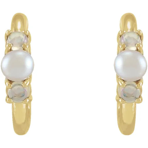 14K Yellow Cultured White Seed Pearl & Natural White Ethiopian Opal Huggie Earrings