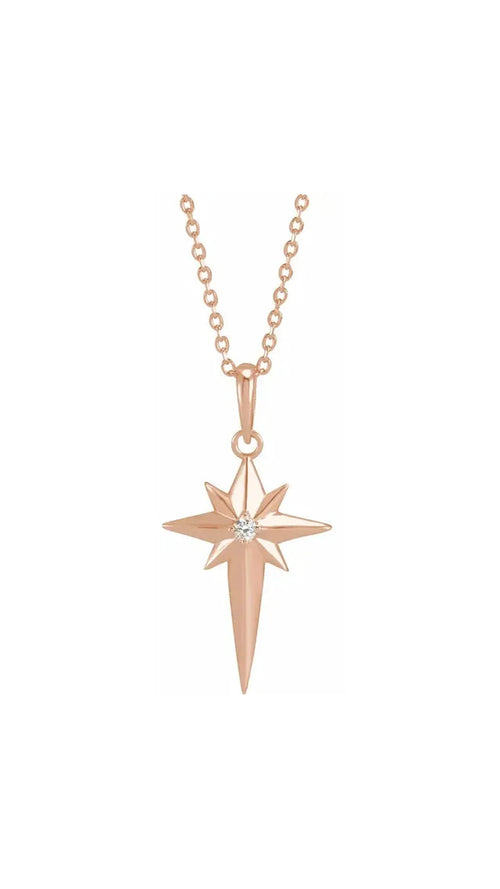 14K Rose .03 CT Natural Diamond Celestial Cross 16-18" Necklace