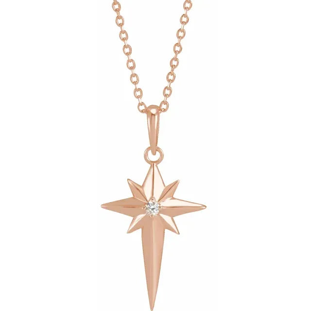 14K Rose .03 CT Natural Diamond Celestial Cross 16-18" Necklace