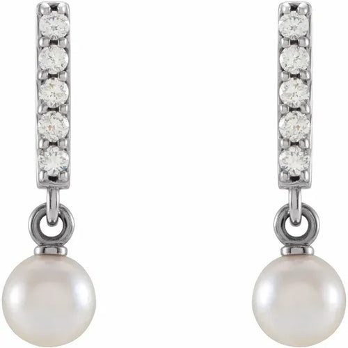 14K White Cultured Akoya Pearl & .03 CTW Natural Diamond Bar Earrings