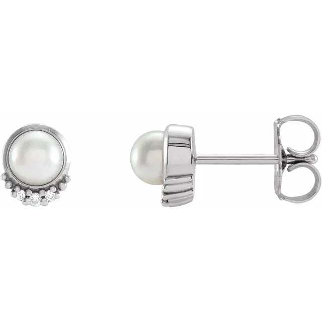 14K White Cultured White Akoya Pearl & .02 CTW Natural Diamond Earrings