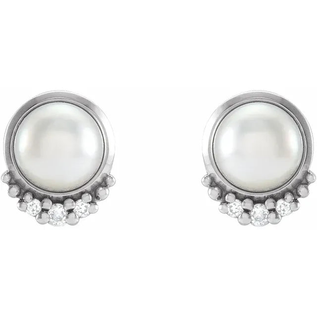 14K White Cultured White Akoya Pearl & .02 CTW Natural Diamond Earrings