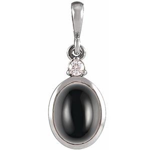 14K White 12x10 mm Natural Black Onyx & .03 CT Natural Diamond Cabochon Pendant