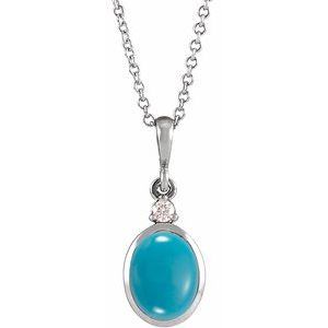 14K White 12x10 mm Natural Turquoise & .03 CT Natural Diamond 16-18" Necklace