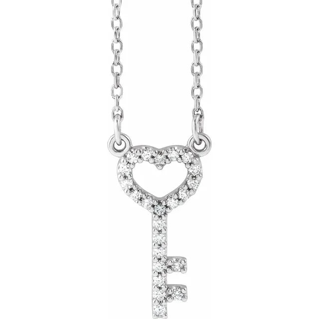 14K White .08 CTW Natural Diamond Heart Key 16 1/2" Necklace