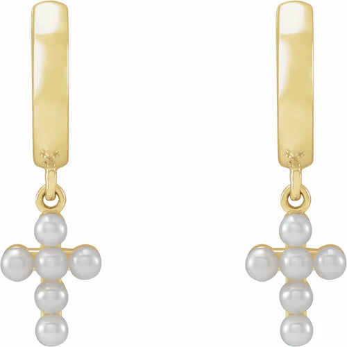 14K Yellow Cultured White Seed Pearl Cross Hoop Earrings