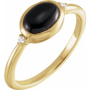 14K Yellow 9x7 mm Round Natural Black Onyx & .03 CTW Natural Diamond Ring