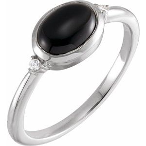 14K White 8x6 mm Round Natural Black Onyx & .03 CTW Natural Diamond Ring