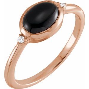 14K Rose 9x7 mm Round Natural Black Onyx & .03 CTW Natural Diamond Ring